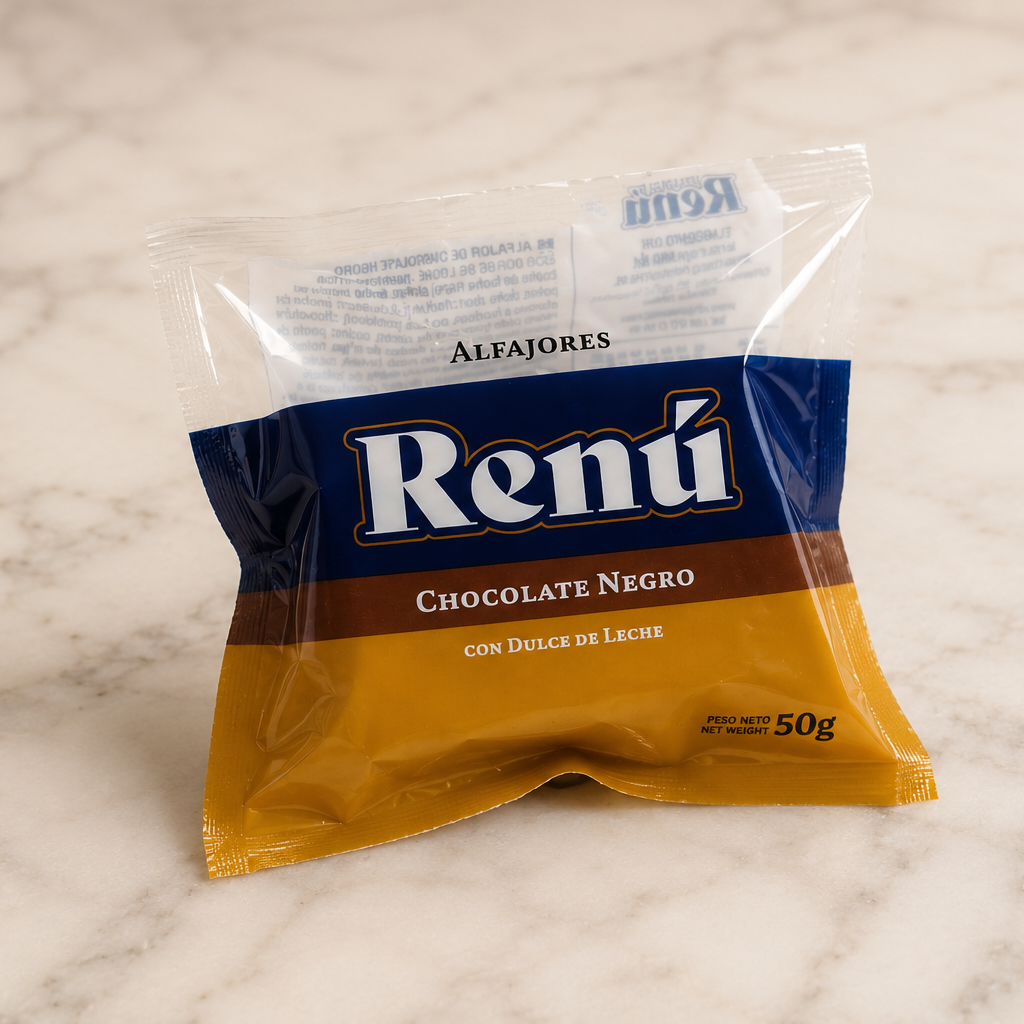 Packaging premium de alfajor artesanal de chocolate negro Renú