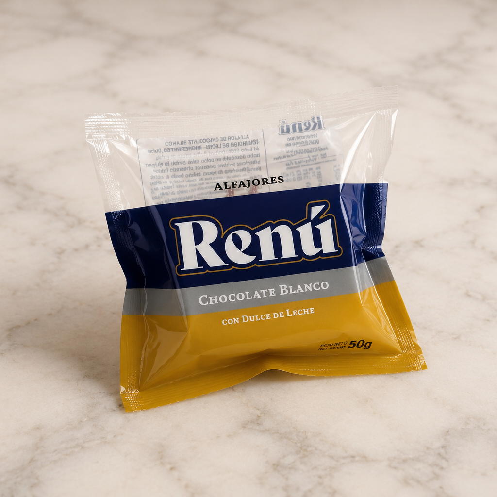 Packaging premium de alfajor artesanal de chocolate blanco Renú