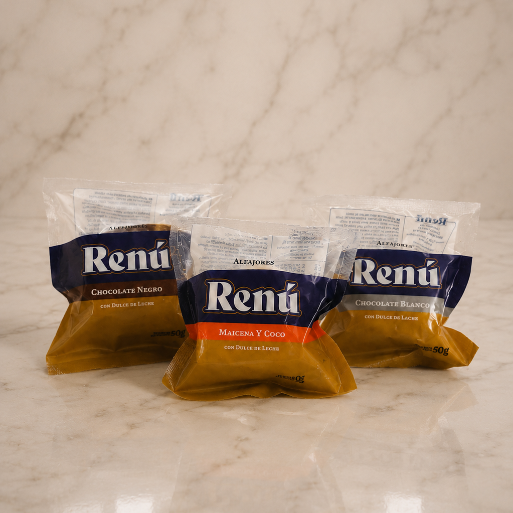 Colección de alfajores artesanales Renú en packaging premium