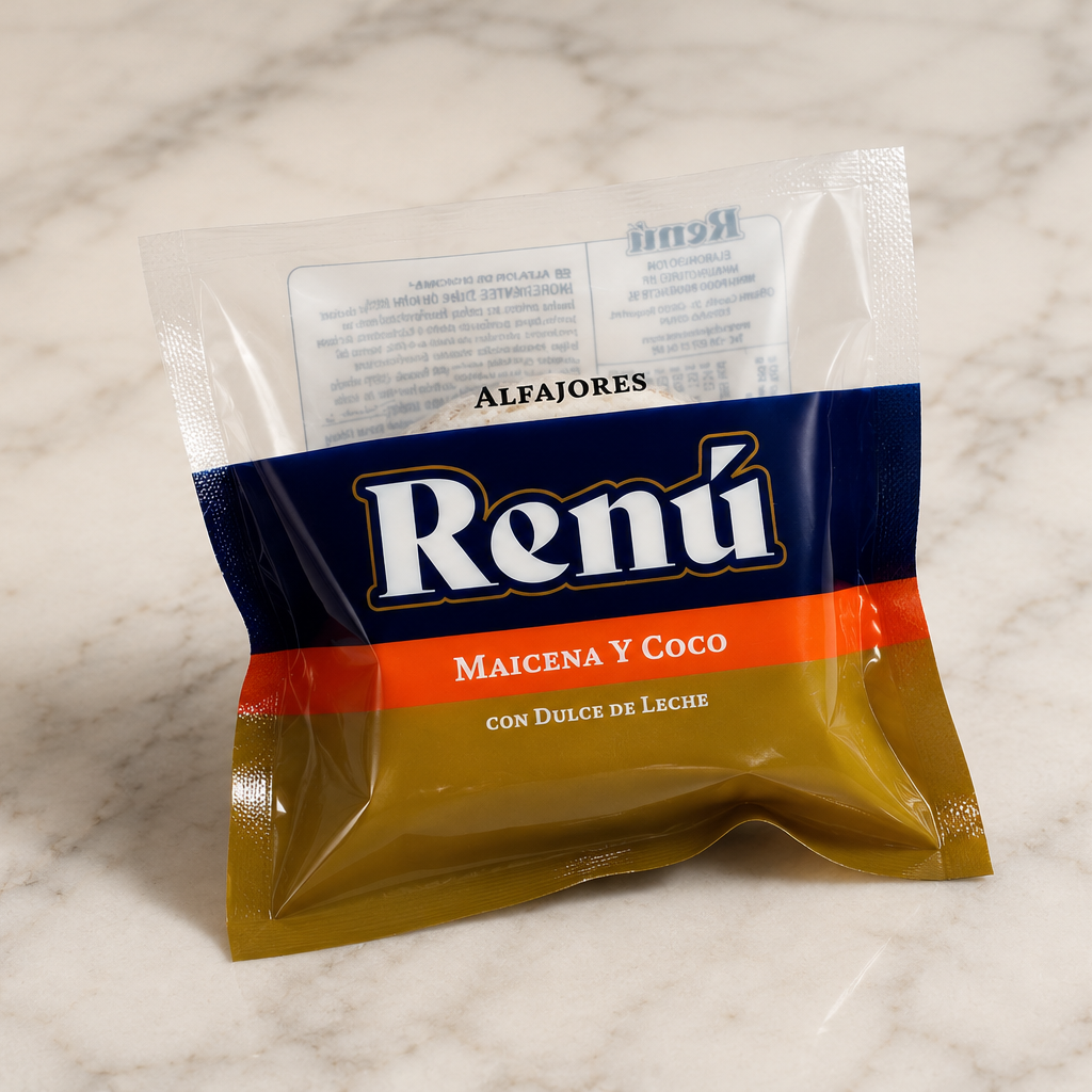 Packaging premium de alfajor artesanal de maicena Renú